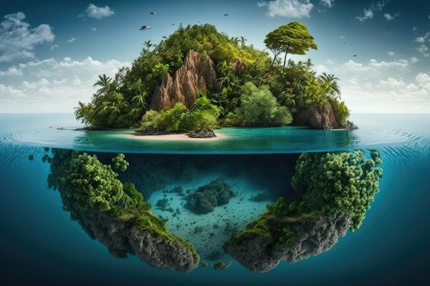 An idyllic scene of a tropical island floating in the middle of an azure lagoon surrounded by crystalclear waters and lush greenery created with generative ai