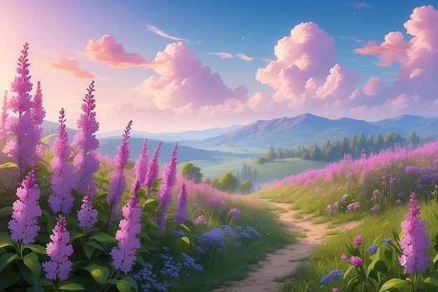 Photo idyllic spring background with blossoming lilac bushes flowers and pink wildflowers