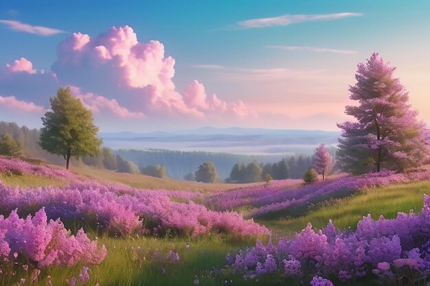 Photo idyllic spring background with blossoming lilac bushes flowers and pink wildflowers