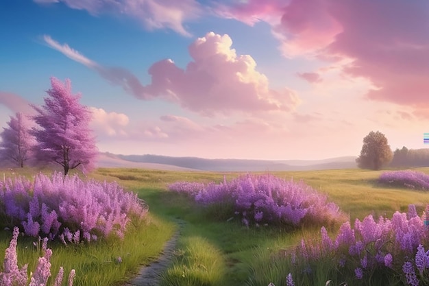 Photo idyllic spring background with blossoming lilac bushes flowers and pink wildflowers