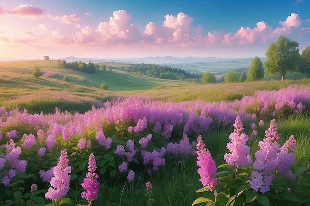 Photo idyllic spring background with blossoming lilac bushes flowers and pink wildflowers