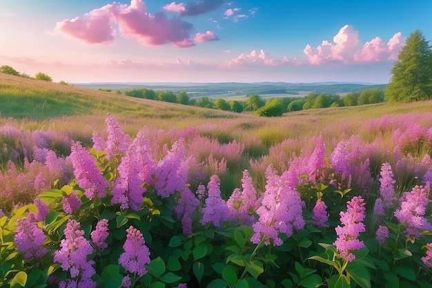 Photo idyllic spring background with blossoming lilac bushes flowers and pink wildflowers