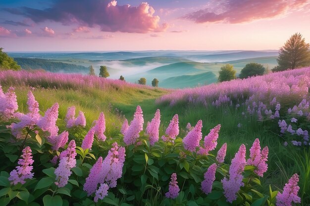 Photo idyllic spring background with blossoming lilac bushes flowers and pink wildflowers