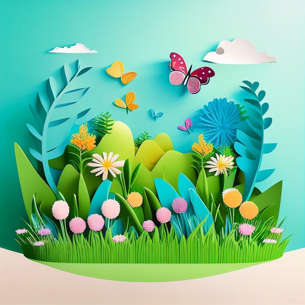 Idyllic spring meadow with butterflies background Generative AI