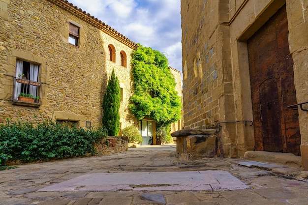 Idyllic stone buildings with climbing plants and wooden doors in the medieval village of Madremanya Girona Catalonia