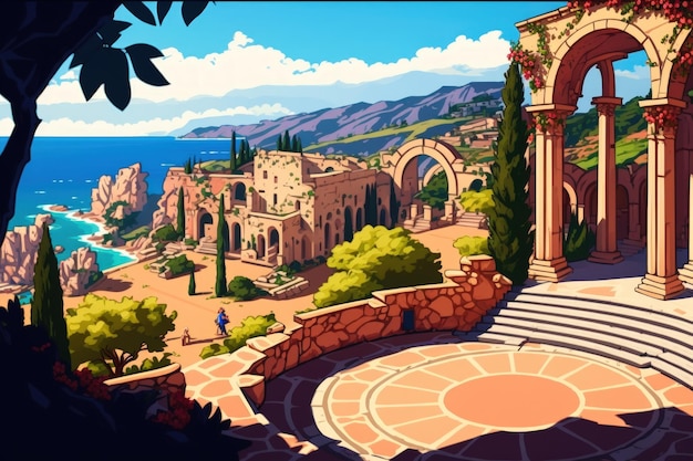 An idyllic summer day at Taormina Sicily Italy among the ruins of the ancient Greek theater