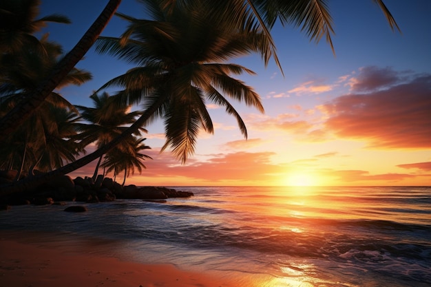 Idyllic sunset on a tropical coastline with swaying palm trees