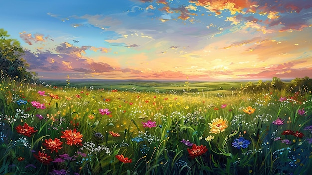 Idyllic sunset over a vibrant meadow filled with colorful wildflowers