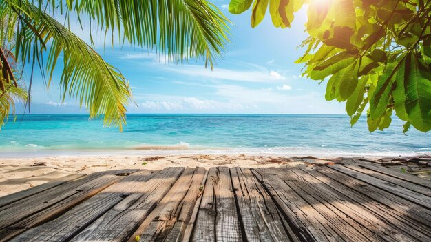 Idyllic tropical beach scene viewed from a weathered wooden boardwalk shaded by lush palms