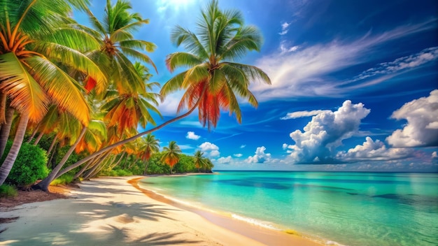 Photo idyllic tropical beach with lush palm trees and azure waters