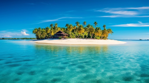 Idyllic tropical island with a palm tree hut