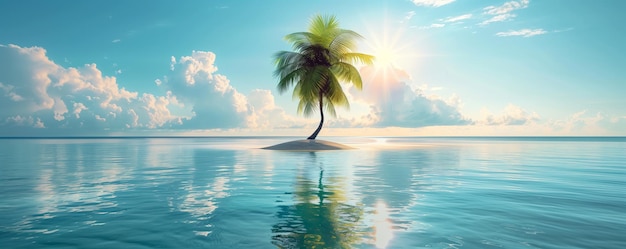 Photo idyllic tropical island with a single palm tree surrounded by clear blue water