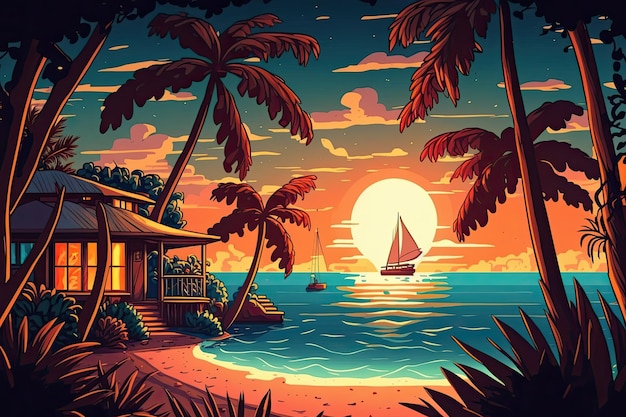 An idyllic tropical sunset at a beach resort