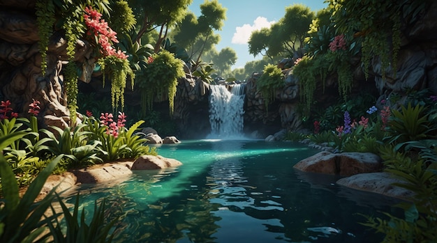 Idyllic tropical waterfall with lush greenery and vibrant flowers in a serene setting