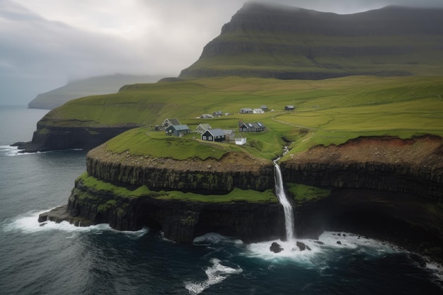 Idyllic village in the Faroe Islands surrounded by mountains and fjords generative IA