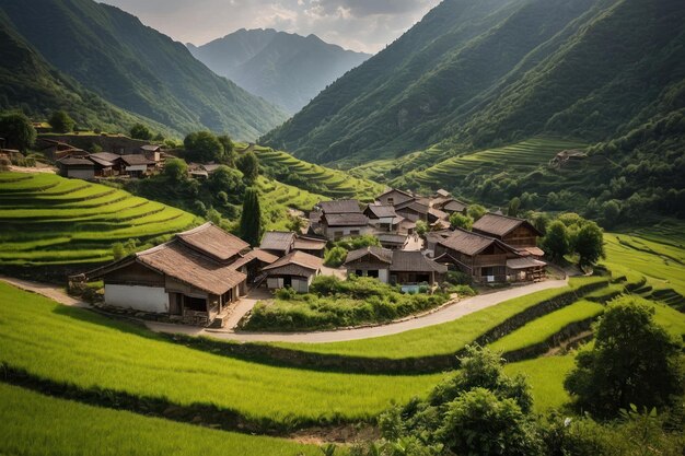 Idyllic village nestled in lush green mountains