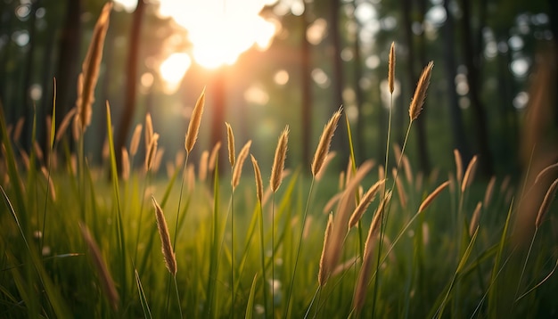 Idyllic wild grass in forest at sunset Macro image shallow depth of field Abstract summer nature