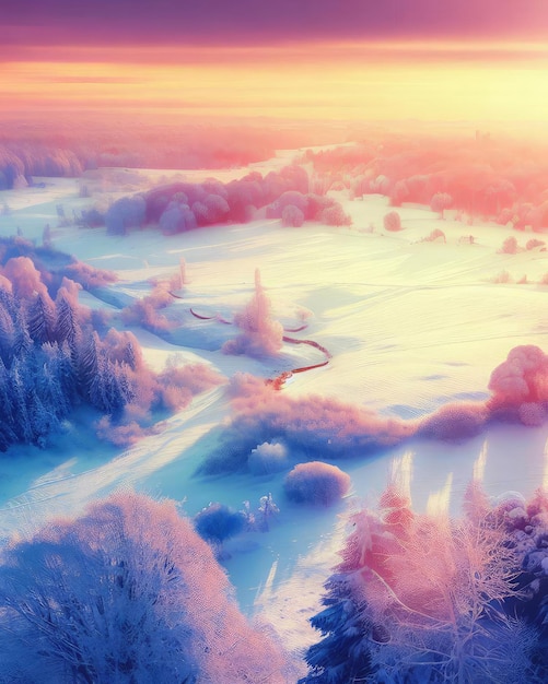 Idyllic winter landscape at sunset View from above