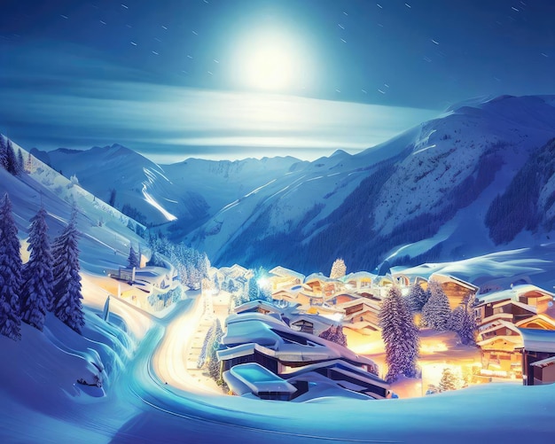 Idyllic winter ski resort Hintertux Tirol Austria in night lit by the moon