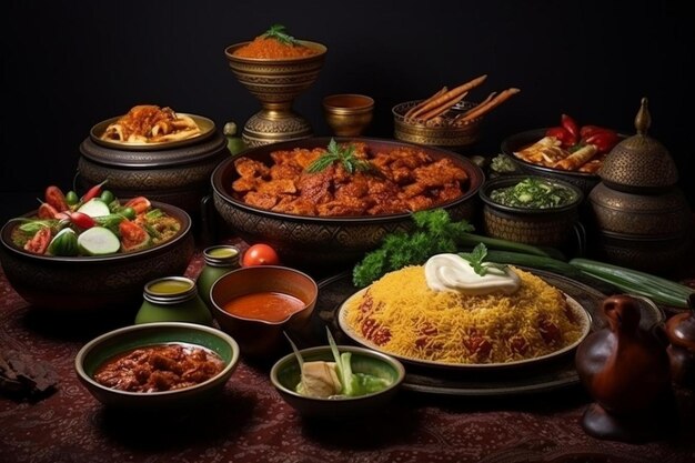 Iftar buffet food breakfasting or suhoor served in ramadan