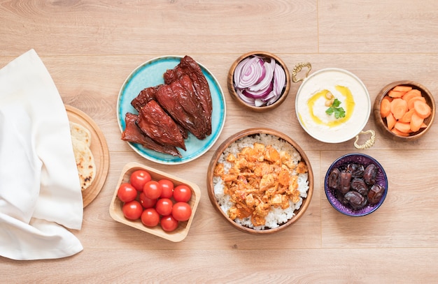 Iftar Food Table. Evening Meal For Ramadan