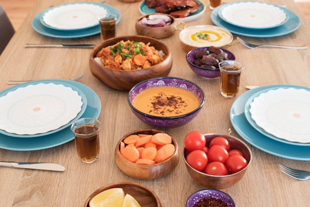 Iftar Food Table at Home. Evening Meal For Ramadan. Arabic Cuisine