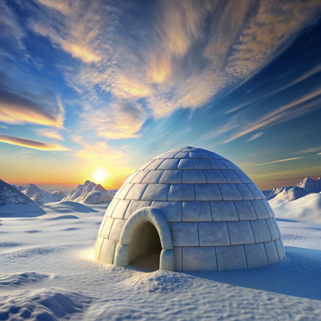 Photo igloo isolated in snowfield with snowy mountain arctic landscape scene 3d rendering