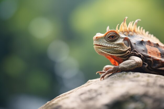 Iguana eyeing a beetle on a rock