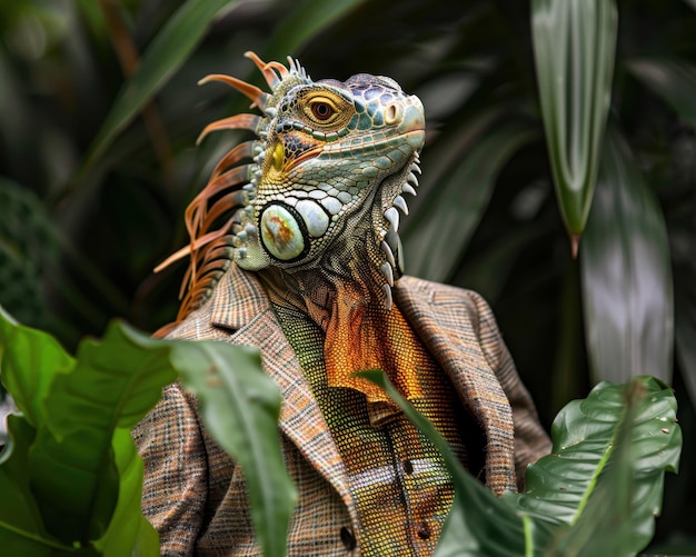 An iguana in a green business setting wearing ecofriendly attire symbolizing sustainable practices and adaptability