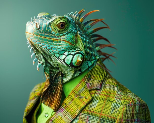 An iguana in a green business setting wearing ecofriendly attire symbolizing sustainable practices and adaptability