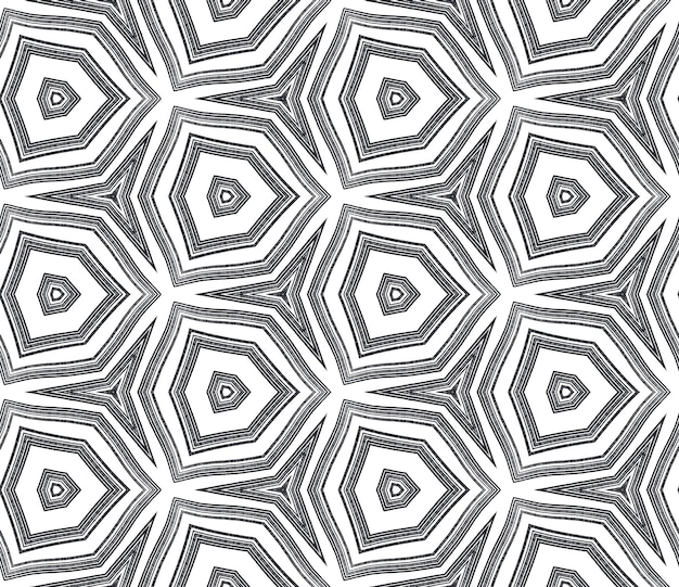 Ikat repeating swimwear design. Black symmetrical kaleidoscope background. Textile ready impressive print, swimwear fabric, wallpaper, wrapping. Summer ikat sweamwear pattern.