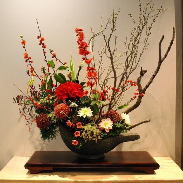 Photo an ikebana japanese flower arrangement display