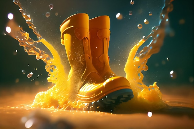 Ikkustration of yellow rubber boots and water splash AI