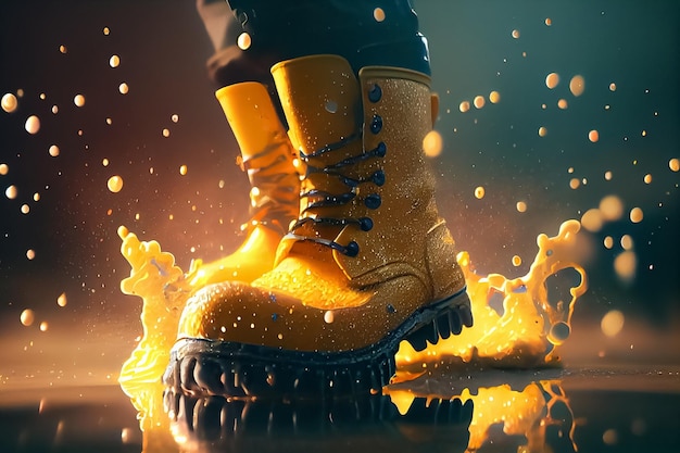 Ikkustration of yellow rubber boots and water splash AI