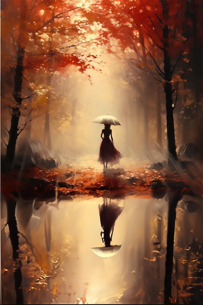 ilhouette of a person in autumn forest dreamy light scene created using generative AI tools