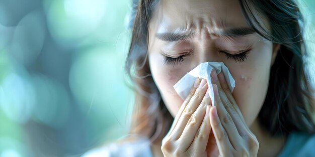 Ill Asian woman blowing nose symbolizing flu or allergies Closeup with copy space Concept Healthcare Allergies Flu Illness Asian Woman