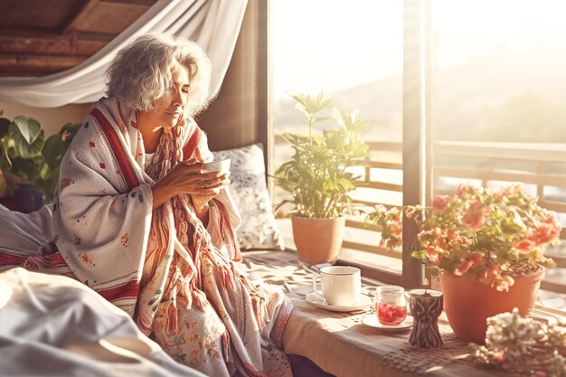 Ill sick middle aged woman holding cup of drink generative ai