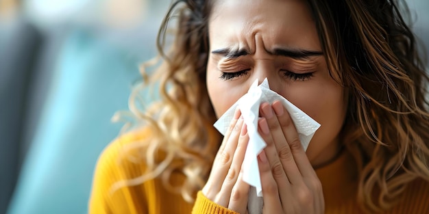 Ill woman with tissue blowing nose likely suffering from a cold Concept Sick Day Cold Symptoms Sniffles Unwell Tissue in Hand