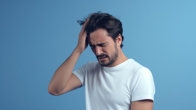 Illness and Discomfort A Man with Fever and Flu Touching His Head Standing in a White TShirt Against a Blue Background Signifying Ailment and Migraine SymptomsxA