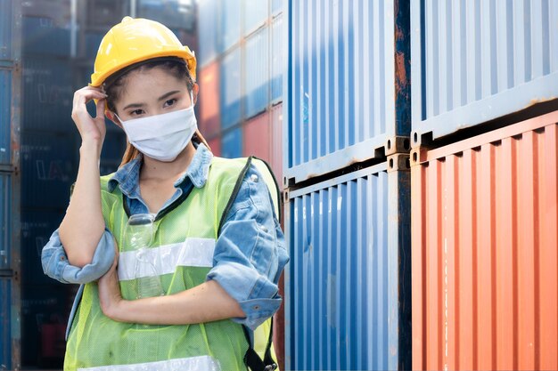 Illness manufacture worker woman with mask cover face stands in front of container and cargo space. Business people working in shipping transport industry.