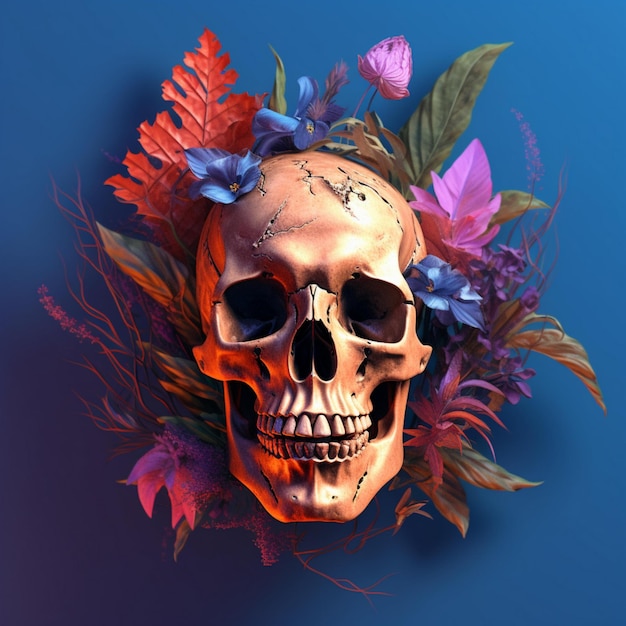 a illstration of a skull with a bunch of plants on it