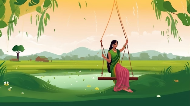 Illsuatrtion of indian festival hariyali teej means green teej woman enjoy the festival with swing in monsoon on beautiful landscape backdropillustration