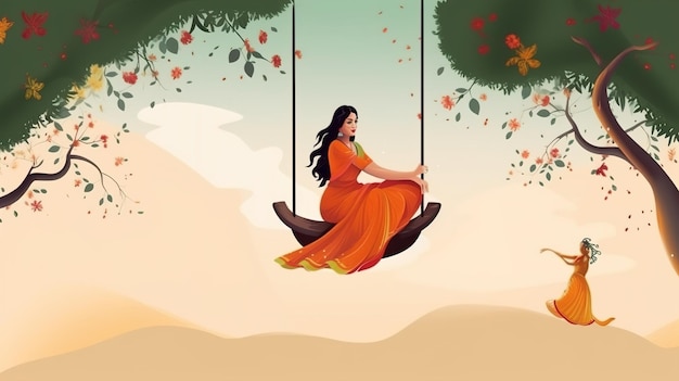 Illsuatrtion of indian festival hariyali teej means green teej woman enjoy the festival with swing in monsoon on beautiful landscape backdropillustration