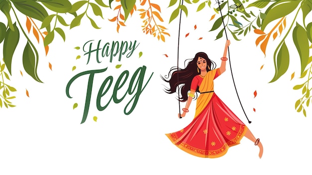 illsuatrtion of indian festival hariyali teej means green teej woman enjoy the festival with swing in monsoon on beautiful landscape backdropx9