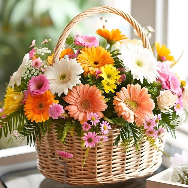 Illuminate Womens Day with a basket overflowing with radiant flowers a symbol of abundance and joy perfect for expressing appreciation and love