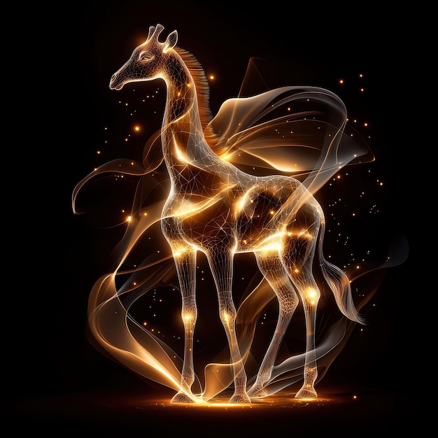 Illuminated abstract giraffe figure with glowing lines and sparkles