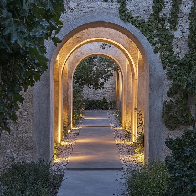 Photo illuminated archways leading to secret garden alcoves