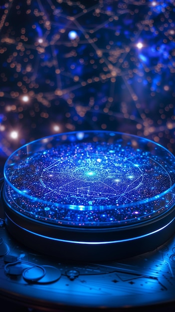 Illuminated astrological chart projected as a futuristic hologram