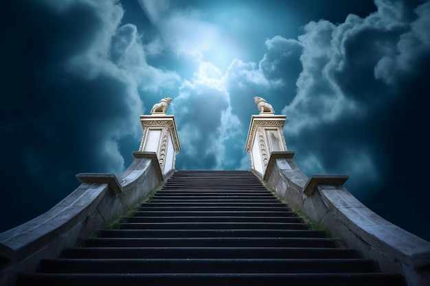 Illuminated baroque stairway leading to heaven with sky on background generative ai