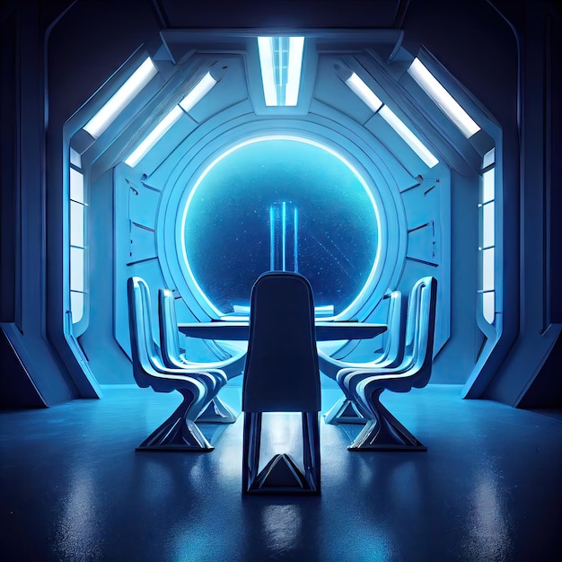 Illuminated blue space with table and chairs scifi futuristic interior created with generative ai